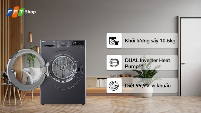 M&aacute;y sấy quần &aacute;o LG DUAL Inverter 10.5 Kg DVHP50M