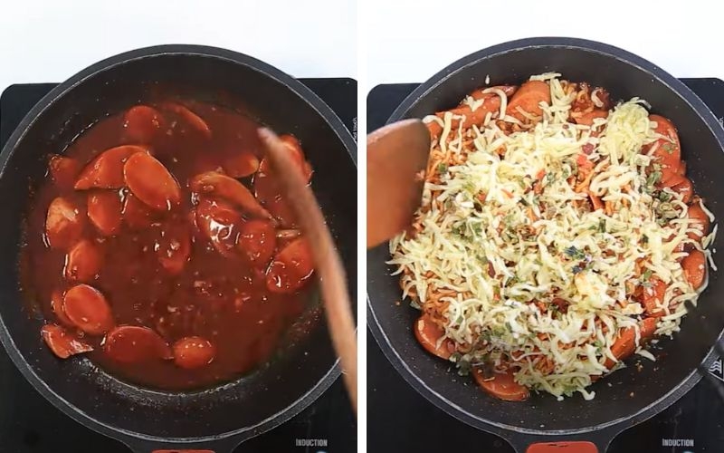 Xào mì với xúc xích, phô mai