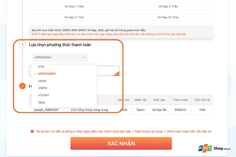 Phương thức thanh toán bằng ví điện tử VTCPay/Gpay/APPOTA/viettle money/ZaloPay/VNPTPay 1