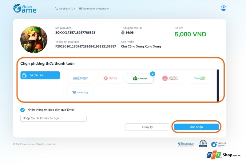 Phương thức thanh toán bằng ví điện tử VTCPay/Gpay/APPOTA/viettle money/ZaloPay/VNPTPay 2