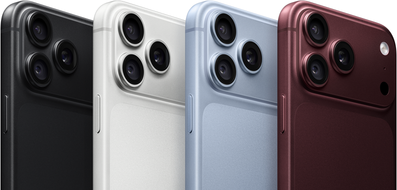 Các thiết bị iPhone 18 Pro xếp thành một hàng, vỏ ngoài mặt sau, tất cả bốn màu: Đỏ Burgundy, Băng Thanh, Bạc, Đen, hệ thống camera Pro Fusion ở góc trên cùng bên trái, 3 ống kính, micrô, đèn flash