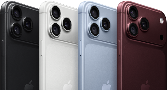 Các thiết bị iPhone 18 Pro xếp thành một hàng, vỏ ngoài mặt sau, tất cả bốn màu: Đỏ Burgundy, Băng Thanh, Bạc, Đen, hệ thống camera Pro Fusion ở góc trên cùng bên trái, 3 ống kính, micrô, đèn flash