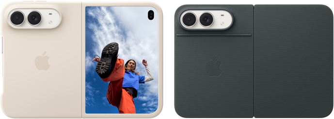 iPhone Duo, màu Trắng Ánh Sao trong Ốp Lưng Silicon màu Be Cát, nằm ngang, mở hoàn toàn theo hướng ngang, camera Dual Fusion ở phía trên bên trái, ốp lưng che phủ vỏ ngoài mặt sau và cạnh ngoài của màn hình phía trước, bên phải hiển thị ảnh chân dung của một người trên màn hình ngoài. iPhone V68, màu Trắng Ánh Sao trong ốp lưng Folio màu Xanh Navy, vỏ ngoài mặt sau với camera sau 48MP Dual Fusion, hai ống kính