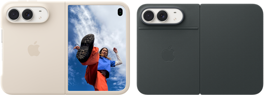 iPhone Duo, màu Trắng Ánh Sao trong Ốp Lưng Silicon màu Be Cát, nằm ngang, mở hoàn toàn theo hướng ngang, camera Dual Fusion ở phía trên bên trái, ốp lưng che phủ vỏ ngoài mặt sau và cạnh ngoài của màn hình phía trước, bên phải hiển thị ảnh chân dung của một người trên màn hình ngoài. iPhone V68, màu Trắng Ánh Sao trong ốp lưng Folio màu Xanh Navy, vỏ ngoài mặt sau với camera sau 48MP Dual Fusion, hai ống kính