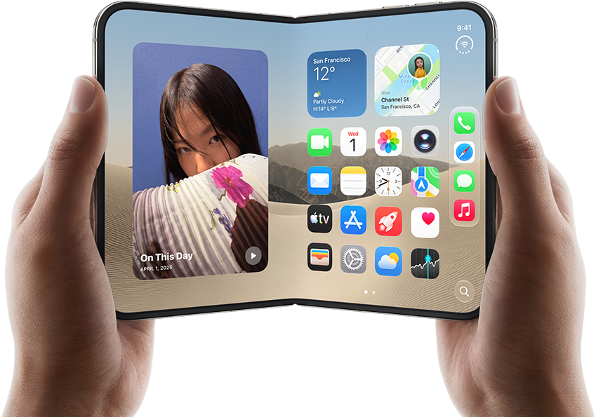 iPhone [V68], màu [L8], được cầm bằng hai tay theo hướng ngang, đang mở ra, màn hình trong hiển thị ảnh ở bên trái, ứng dụng ở bên phải