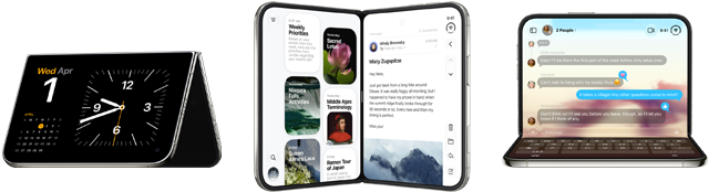 Ba phiên bản iPhone Duo đặt cạnh nhau, được gập theo dáng khác nhau: iPhone Duo bên trái được dựng thẳng trên chính cạnh máy theo hình chữ V ngược, màn hình hiển thị chế độ Chờ với ứng dụng Đồng Hồ, iPhone Duo ở giữa đứng thẳng theo hình chữ V ở chế độ Chờ với ứng dụng Siri ở bên trái và ứng dụng Tin Nhắn ở bên phải, iPhone Duo bên phải được mở ra, dựa trên khung vỏ phía dưới, ứng dụng Fitness+ hướng về phía trước