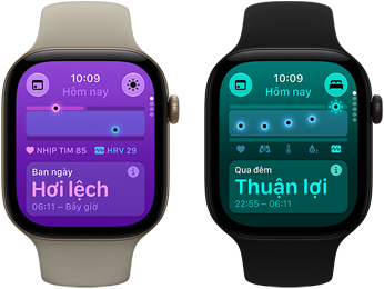 Hai thiết bị Apple Watch Series 12: vỏ nhôm, màu vàng nhạt, Sinh Hiệu Ban Ngày Hơi Lệch, Digital Crown, Dây Đeo Thể Thao màu be cát, vỏ nhôm, màu đen, Sinh Hiệu Qua Đêm Thuận Lợi, Digital Crown, Dây Đeo Thể Thao màu đen