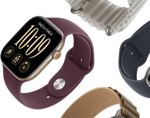 Dây đeo Apple Watch Series 11: Dây Đeo Thể Thao màu tím sương khói, Dây Đeo Ocean màu xanh mỏ neo, Dây Quấn Alpine màu xanh dương nhạt