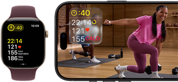 Apple Watch ở bên cạnh iPhone đang hiển thị bài tập trong Apple Fitness+