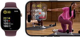  Apple Watch ở bên cạnh iPhone đang hiển thị bài tập trong Apple Fitness+