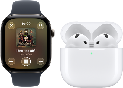 Apple Watch Series 12, vỏ nhôm, màu đen, Dây Đeo Thể Thao màu đen, ứng dụng Apple Music đang mở, ghép đôi với AirPods 4