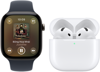 Apple Watch Series 12, vỏ nhôm, màu đen, Dây Đeo Thể Thao màu đen, ứng dụng Apple Music đang mở, ghép đôi với AirPods 4