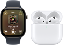 Apple Watch Series 12, vỏ nhôm, màu đen, Dây Đeo Thể Thao màu đen, ứng dụng Apple Music đang mở, ghép đôi với AirPods 4