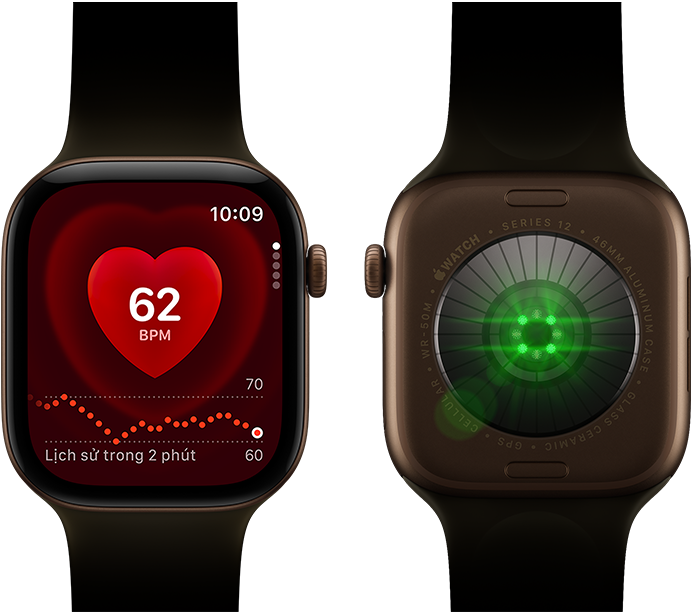 Hai thiết bị Apple Watch Series 12, vỏ nhôm, màu đồng đậm với Dây Đeo Thể Thao màu xanh ô-liu, một thiết bị hiển thị ứng dụng Nhịp Tim, thiết bị còn lại hiển thị Hệ Thống Cảm Nhận Sức Khỏe ở mặt sau của đồng hồ, với đèn LED phát sáng màu xanh lá