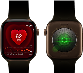 Hai thiết bị Apple Watch Series 12, vỏ nhôm, màu đồng đậm với Dây Đeo Thể Thao màu xanh ô-liu, một thiết bị hiển thị ứng dụng Nhịp Tim, thiết bị còn lại hiển thị Hệ Thống Cảm Nhận Sức Khỏe ở mặt sau của đồng hồ, với đèn LED phát sáng màu xanh lá