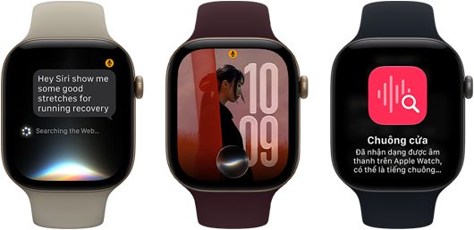 Ba thiết bị Apple Watch Series 12, một thiết bị có vỏ nhôm màu vàng nhạt, cuộc trò chuyện với Siri AI, Dây Đeo Thể Thao màu be cát, một thiết bị có vỏ nhôm màu vàng nhạt, ảnh được cá nhân hóa trên mặt đồng hồ hiển thị với tổ hợp Siri AI, Dây Đeo Thể Thao màu đỏ burgundy và một thiết bị với vỏ nhôm màu xám không gian, Siri Tóm Tắt, Dây Đeo Thể Thao màu đen