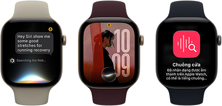 Ba thiết bị Apple Watch Series 12, một thiết bị có vỏ nhôm màu vàng nhạt, cuộc trò chuyện với Siri AI, Dây Đeo Thể Thao màu be cát, một thiết bị có vỏ nhôm màu vàng nhạt, ảnh được cá nhân hóa trên mặt đồng hồ hiển thị với tổ hợp Siri AI, Dây Đeo Thể Thao màu đỏ burgundy và một thiết bị với vỏ nhôm màu xám không gian, Siri Tóm Tắt, Dây Đeo Thể Thao màu đen
