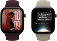 Ba thiết bị Apple Watch Series 12, một thiết bị có vỏ nhôm màu vàng nhạt, cuộc trò chuyện với Siri AI, Dây Đeo Thể Thao màu be cát, một thiết bị có vỏ nhôm màu vàng nhạt, ảnh được cá nhân hóa trên mặt đồng hồ hiển thị với tổ hợp Siri AI, Dây Đeo Thể Thao màu đỏ burgundy và một thiết bị với vỏ nhôm màu xám không gian, Siri Tóm Tắt, Dây Đeo Thể Thao màu đen