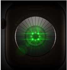 Mặt sau của Apple Watch Series 12, vỏ nhôm, màu đồng đậm, nhiều cảm biến hình tròn với đèn LED phát sáng màu xanh lá, mặt ngoài bên trái, Digital Crown, Dây Đeo Thể Thao, màu xanh ô-liu