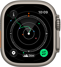 Apple Watch Ultra 4, vỏ titan, màu tự nhiên, tính năng Quay Về hiển thị lộ trình với chỉ đường la bàn, mặt ngoài bên phải, Digital Crown, nút sườn nhô lên