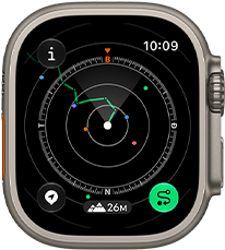 Apple Watch Ultra 4, vỏ titan, màu tự nhiên, tính năng Quay Về hiển thị lộ trình với chỉ đường la bàn, mặt ngoài bên phải, Digital Crown, nút sườn nhô lên