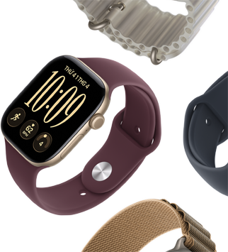 Dây đeo Apple Watch Series 11: Dây Đeo Thể Thao màu tím sương khói, Dây Đeo Ocean màu xanh mỏ neo, Dây Quấn Alpine màu xanh dương nhạt