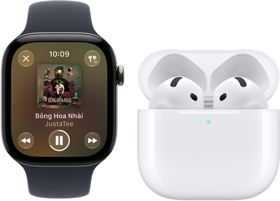 Apple Watch Series 12, vỏ nhôm, màu đen, Dây Đeo Thể Thao màu đen, ứng dụng Apple Music đang mở, ghép đôi với AirPods 4