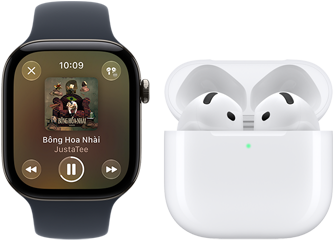 Apple Watch Series 12, vỏ nhôm, màu đen, Dây Đeo Thể Thao màu đen, ứng dụng Apple Music đang mở, ghép đôi với AirPods 4