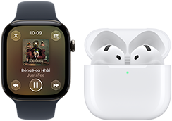 Apple Watch Series 12, vỏ nhôm, màu đen, Dây Đeo Thể Thao màu đen, ứng dụng Apple Music đang mở, ghép đôi với AirPods 4