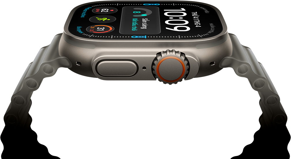 Apple Watch Ultra 4, vỏ titan, màu tự nhiên, mặt đồng hồ kỹ thuật số, các tổ hợp: điểm số sẵn sàng, nhịp tim, Bài Tập, nhiệt độ, mặt ngoài bên phải, Digital Crown, nút sườn nhô lên, Dây Đeo Ocean, màu xám trong mờ