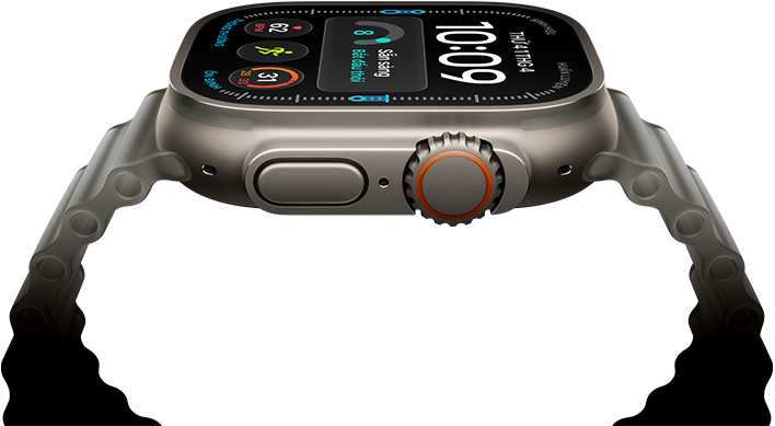 Apple Watch Ultra 4, vỏ titan, màu tự nhiên, mặt đồng hồ kỹ thuật số, các tổ hợp: sẵn sàng, nhịp tim, Bài Tập, nhiệt độ, mặt ngoài bên phải, Digital Crown, nút sườn nhô lên, Dây Đeo Ocean, màu xám trong mờ