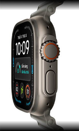Apple Watch Ultra 4, vỏ titan, màu tự nhiên, mặt đồng hồ kỹ thuật số, các tổ hợp: điểm số sẵn sàng, nhịp tim, Bài Tập, nhiệt độ, mặt ngoài bên phải, Digital Crown, nút sườn nhô lên, Dây Đeo Ocean, màu xám trong mờ