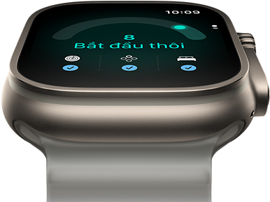 Apple Watch Ultra 4, vỏ titan, màu tự nhiên, điểm số sẵn sàng là 8, mặt ngoài bên phải, Digital Crown, nút sườn nhô lên, Dây Đeo Ocean, màu xám trong mờ