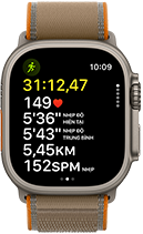 Apple Watch Ultra 4, vỏ titan, màu tự nhiên, chỉ số nâng cao của bài tập Chạy Bộ Ngoài Trời, mặt ngoài bên phải, Digital Crown, nút sườn nhô lên, Dây Quấn Trail, màu be cát