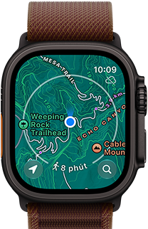Apple Watch Ultra 4, vỏ titan, màu đen, kết nối qua vệ tinh, mặt ngoài bên phải, Digital Crown, nút sườn nhô lên, Dây Quấn Alpine, màu đỏ burgundy
