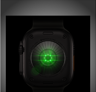 Mặt sau của Apple Watch Ultra 4, vỏ titan, màu đen, nhiều cảm biến hình tròn với đèn LED màu xanh lá phát sáng