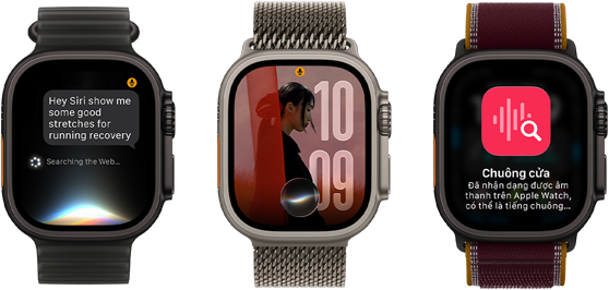 Ba thiết bị Apple Watch Ultra 4, một thiết bị có vỏ titan đen, cuộc trò chuyện với Siri AI, Dây Đeo Ocean màu đen trong mờ, một thiết bị có vỏ titan tự nhiên, ảnh được cá nhân hóa trên mặt đồng hồ hiển thị với tổ hợp Siri AI, Dây Quấn Milan titan tự nhiên, và một thiết bị có vỏ titan đen, Tóm Tắt Siri, Dây Quấn Trail màu đỏ burgundy