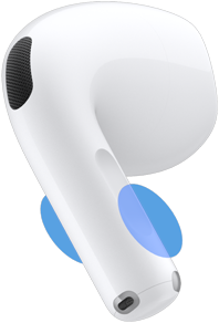 Vỏ ngoài tai nghe AirPods 5, các vòng tròn màu xanh dương làm nổi bật vị trí cần chạm vào thân tai nghe để điều khiển âm lượng