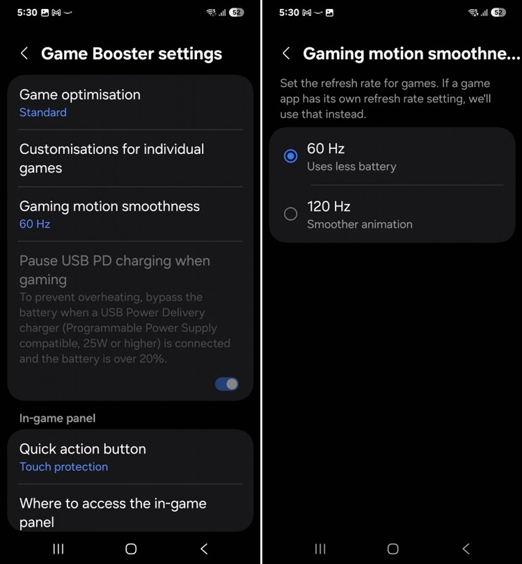 One UI 7 thay đổi cài đặt tần số quét cho game