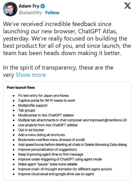 OpenAI hé lộ loạt tính năng mới cho trình duyệt AI ChatGPT Atlas