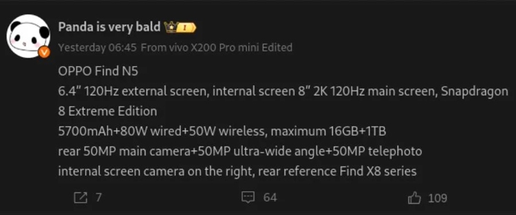OPPO Find N5 lộ diện nhiều thông số kỹ thuật