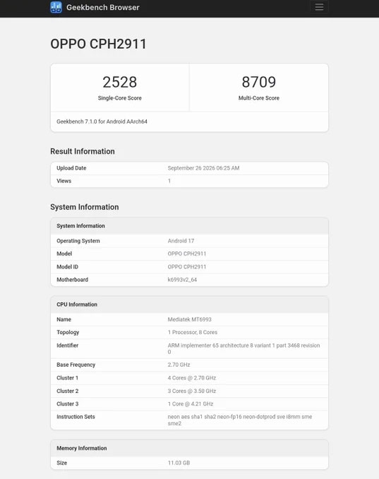OPPO Find X10 bản quốc tế xuất hiện trên Geekbench với model CPH2911 và Android 17.