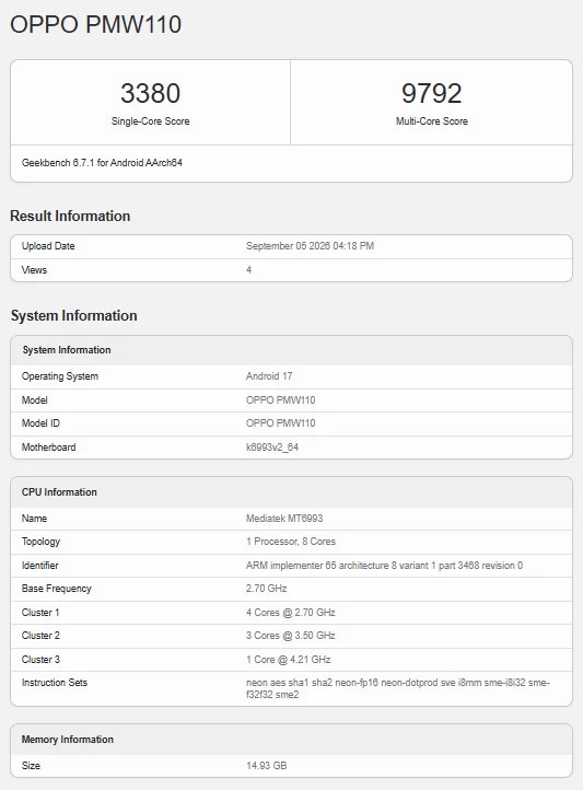 OPPO Find X10 xuất hiện trên Geekbench với chip MediaTek MT6993.