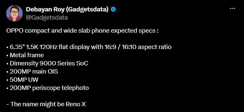 Bài đăng của Gadgetsdata hé lộ loạt thông số kỹ thuật dự kiến trên OPPO Reno X.