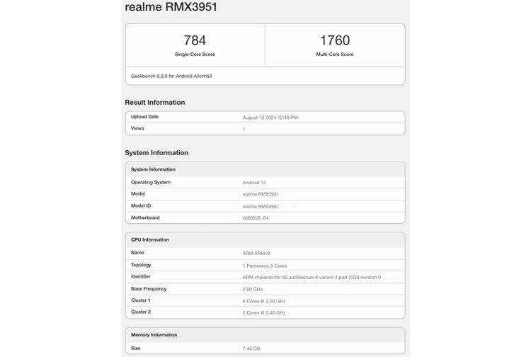 Realme 13 5G xuất hiện trên cơ sở dữ liệu Geekbench với chip Dimension 6300