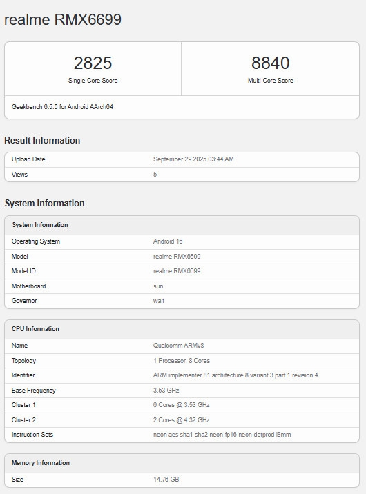 Realme GT 8 xuất hiện trên Geekbench với Snapdragon 8 Elite, RAM 16GB - hình 1