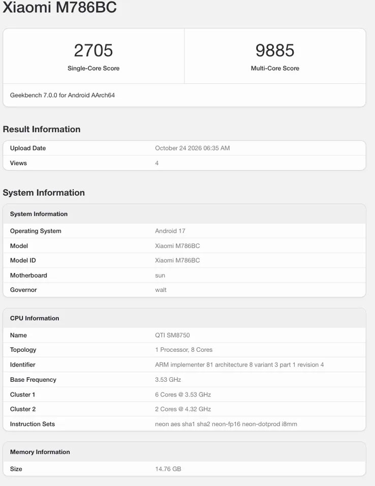 Bảng điểm Geekbench 7 hé lộ hiệu năng CPU của REDMI K100 thông qua thiết bị mang mã M786BC.