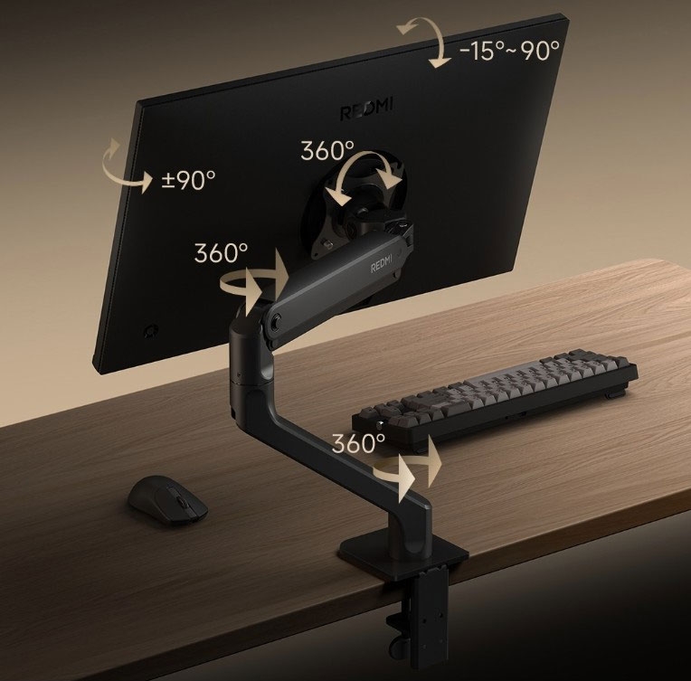 REDMI Monitor Arm hỗ trợ xoay màn hình 360 độ và thay đổi góc nghiêng, thuận tiện khi chuyển đổi tư thế làm việc.