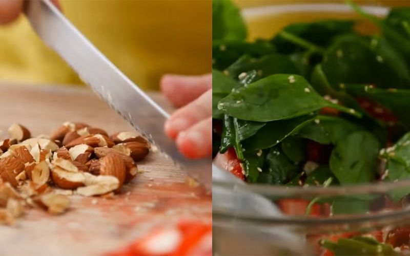Sơ chế rau bina và cắt đào