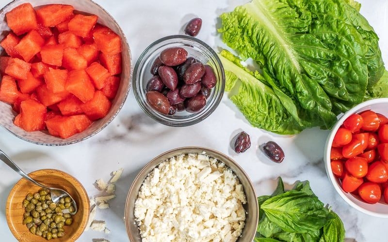 Nguyên liệu salad dưa hấu kiểu Hy Lạp